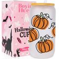 Halloween Pumpkin Cups - Cute Halloween Gifts Spooky Boo Basket Stuffers for Women, Teens, Kids - 16oz Glass Iced Coffee Cup w/Lid and Straw - Trick or Treat Party Favors Fall Decor